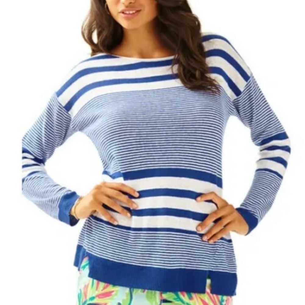 Lilly Pulitzer Womens Linen Sweater Camilla Striped Size M Blue Coastal Beachy